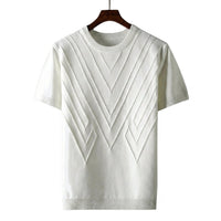Herren Kurzarm Strickoberteil mit geometrischem V Muster - Weiß