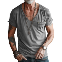 Herren Kurzarm T-Shirt mit V-Ausschnitt und Brusttasche - Grau