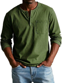 Herren Langarm-Henleyshirt mit Knopfleiste und Brusttasche - Oliv