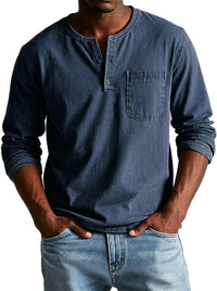 Herren Langarm-Henleyshirt mit Knopfleiste und Brusttasche - Marineblau
