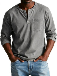 Herren Langarm-Henleyshirt mit Knopfleiste und Brusttasche - Grau