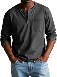 Herren Langarm-Henleyshirt mit Knopfleiste und Brusttasche - Schwarz