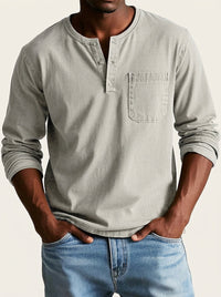 Herren Langarm-Henleyshirt mit Knopfleiste und Brusttasche - Hellgrau