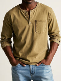 Herren Langarm-Henleyshirt mit Knopfleiste und Brusttasche - Gelb