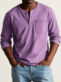 Herren Langarm-Henleyshirt mit Knopfleiste und Brusttasche - Lila