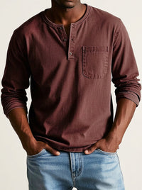 Herren Langarm-Henleyshirt mit Knopfleiste und Brusttasche - Rot