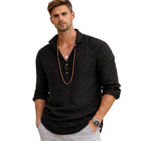 Herren-Langarmhemd mit Henley-Ausschnitt und Knopfleiste - Schwarz