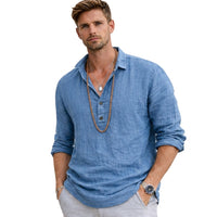 Herren-Langarmhemd mit Henley-Ausschnitt und Knopfleiste - Blau