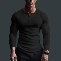Herren Langarmshirt mit Rippstruktur und Knopfleiste - Schwarz