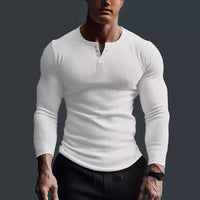 Herren Langarmshirt mit Rippstruktur und Knopfleiste - Weiß