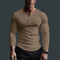 Herren Langarmshirt mit Rippstruktur und Knopfleiste - Khaki