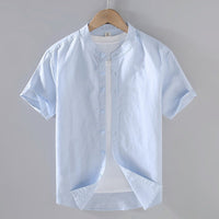 Herren-Leinenhemd mit Kurzarm und Stehkragen - Pastellblau