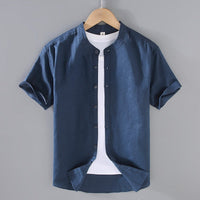 Herren-Leinenhemd mit Kurzarm und Stehkragen - Marineblau