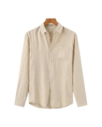 Herren-Leinenhemd mit langen Ärmeln und Tasche - Beige