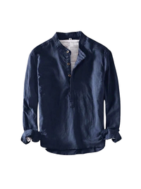 Herren-Leinenhemd mit Stehkragen - Marineblau