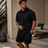 Herren Poloshirt und Shorts Set mit Diagonalem Strukturmuster - Schwarz