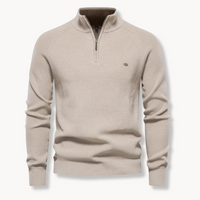 Herren Pullover mit Halb-Reißverschluss, Stehkragen und Rippstruktur - Beige