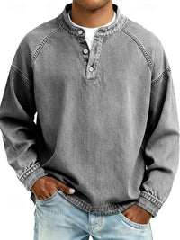 Dominik | Herren Retro Henley Knit Sweater Langarm Used-Look Pullover - Grau