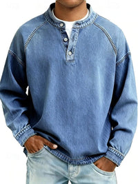 Dominik | Herren Retro Henley Knit Sweater Langarm Used-Look Pullover - Hellblau