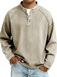 Dominik | Herren Retro Henley Knit Sweater Langarm Used-Look Pullover - Khaki