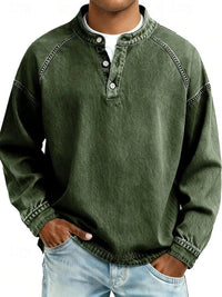 Dominik | Herren Retro Henley Knit Sweater Langarm Used-Look Pullover - Dunkelgrün