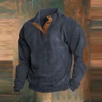 Maximilian | Herren Retro Rippstrick Pullover mit Knopfkragen und Ellbogenpatches - Marineblau