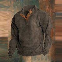 Maximilian | Herren Retro Rippstrick Pullover mit Knopfkragen und Ellbogenpatches - Braun