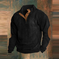 Maximilian | Herren Retro Rippstrick Pullover mit Knopfkragen - Schwarz