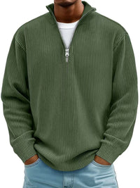 Simon | Herren Rippstrick Quarter-Zip Pullover Sweater mit Stehkragen - Olivgrün
