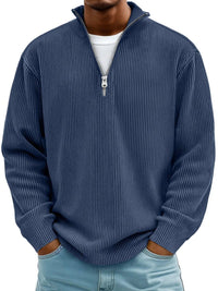 Simon | Herren Rippstrick Quarter-Zip Pullover mit Stehkragen - Marineblau