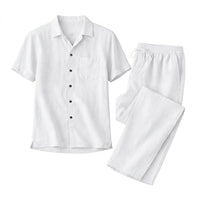 Herren-Set aus kurzärmeligem Hemd mit Knopfleiste und Hose mit Kordelzug - Weiß
