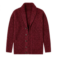 Herren-Strickjacke mit Schalkragen und grobem Strickmuster - Rot