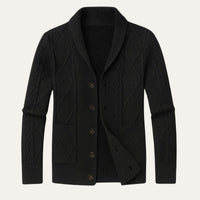 Herren-Strickjacke mit Schalkragen und Zopfmuster - Schwarz