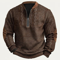 Herren-Strickpullover mit Muster, halbem Reißverschluss und Ellbogen-Patches - Dunkelbraun