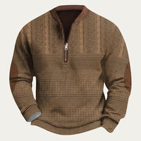 Herren-Strickpullover mit Muster, halbem Reißverschluss und Ellbogen-Patches - Hellbraun