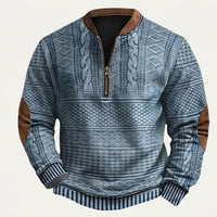 Herren-Strickpullover mit Muster, halbem Reißverschluss und Ellbogen-Patches - Blau