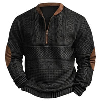 Herren-Strickpullover mit Muster, halbem Reißverschluss und Ellbogen-Patches - Schwarz