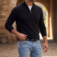 Herren-Strickpullover mit Viertelreißverschluss - Schwarz