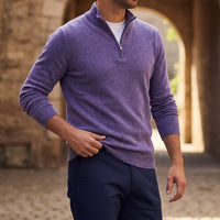 Herren-Strickpullover mit Viertelreißverschluss - Violettmeliert
