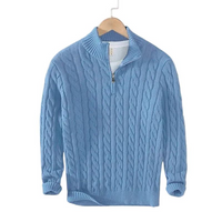 Herren Strickpullover mit Zopfmuster und Stehkragen - Hellblau