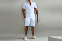 Herren Zweiteiliges Set Poloshirt mit Reißverschluss und kurze Hose - Weiß