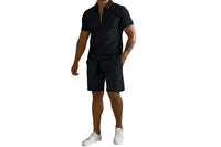 Herren Zweiteiliges Set Poloshirt mit Reißverschluss und kurze Hose - Schwarz