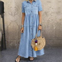 Elizabeth | Damen Maxikleid mit kurzen Ärmeln und Taschen - Himmelblau
