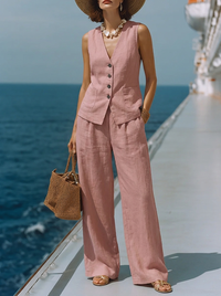 Zeitloses Weißes Baumwoll-Leinen Top mit Quadrat-Ausschnitt und Passenden Capri-Hosen Set - Rosa