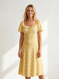Diana | Damen Blumenkleid Midi mit V-Ausschnitt und kurzen Ärmeln - Gelb