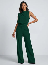 Damen Hochkragen Ärmelloser Jumpsuit mit Weitem Bein und Taschen - Grün