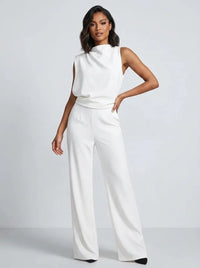 Damen Hochkragen Ärmelloser Jumpsuit mit Weitem Bein und Taschen - Weiß