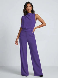 Damen Hochkragen Ärmelloser Jumpsuit mit Weitem Bein und Taschen - Lila