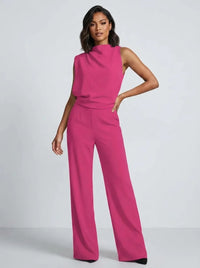 Damen Hochkragen Ärmelloser Jumpsuit mit Weitem Bein und Taschen - Rosa
