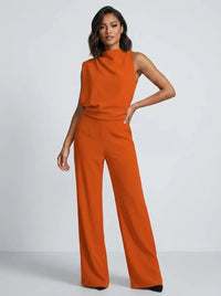 Damen Hochkragen Ärmelloser Jumpsuit mit Weitem Bein und Taschen - Orange